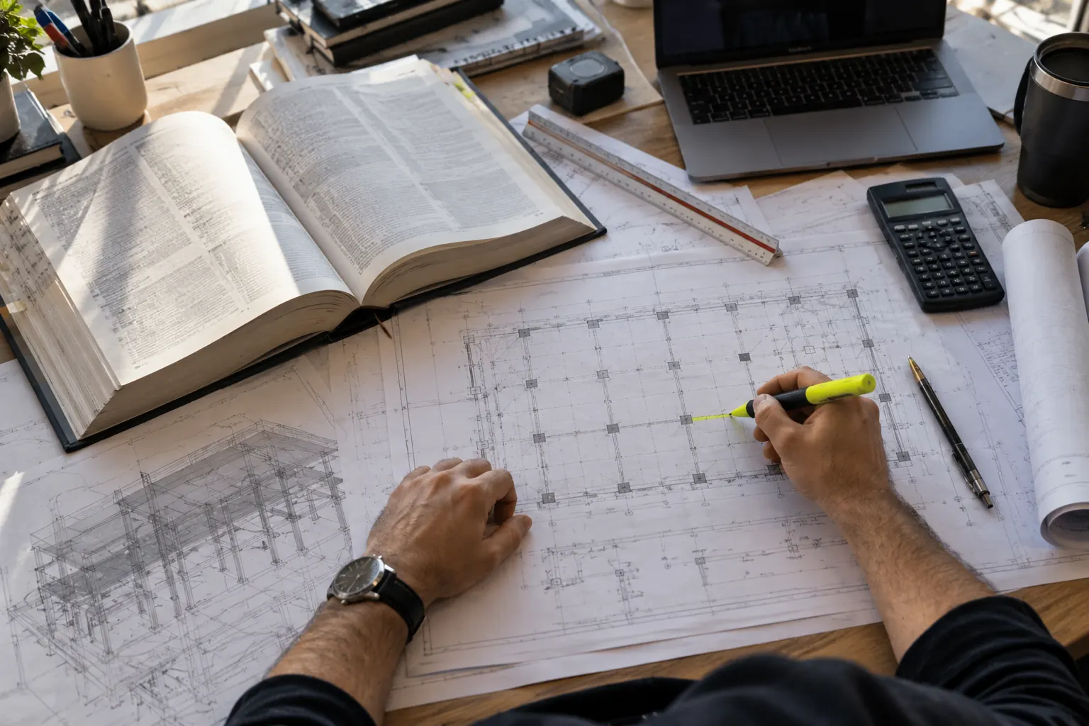 Structural engineer working with a code book and structural drawings