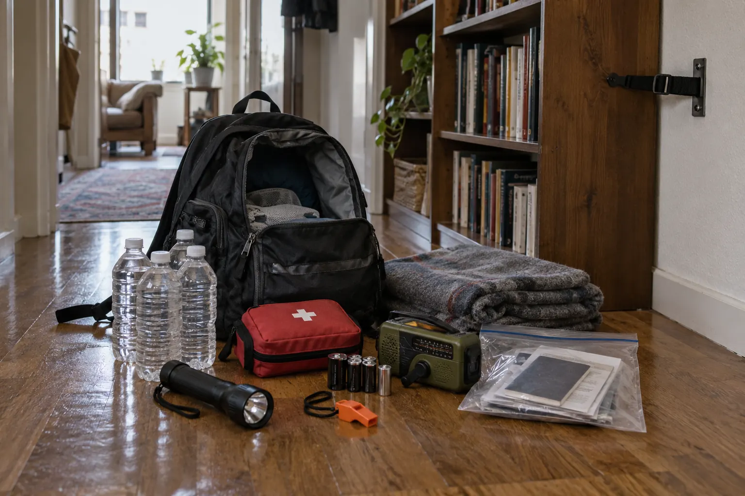 Earthquake emergency kit with water, flashlight, first aid kit, radio and document copies, with a bookcase strapped to the wall behind