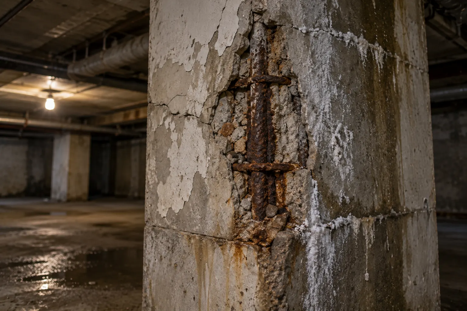 Old reinforced concrete column in an apartment basement with spalled cover and corroded rebar