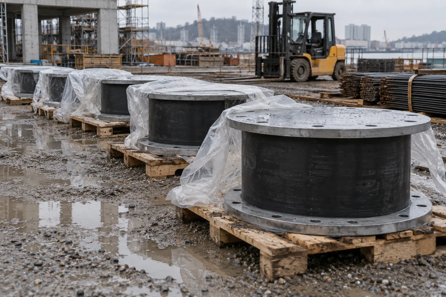 New lead rubber seismic isolation bearings on pallets at a construction site before installation