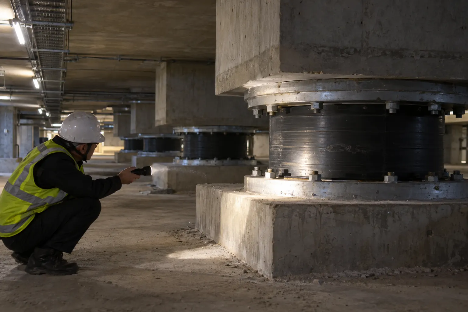 Engineer inspecting a lead rubber seismic isolation bearing with a flashlight in a building's isolation level